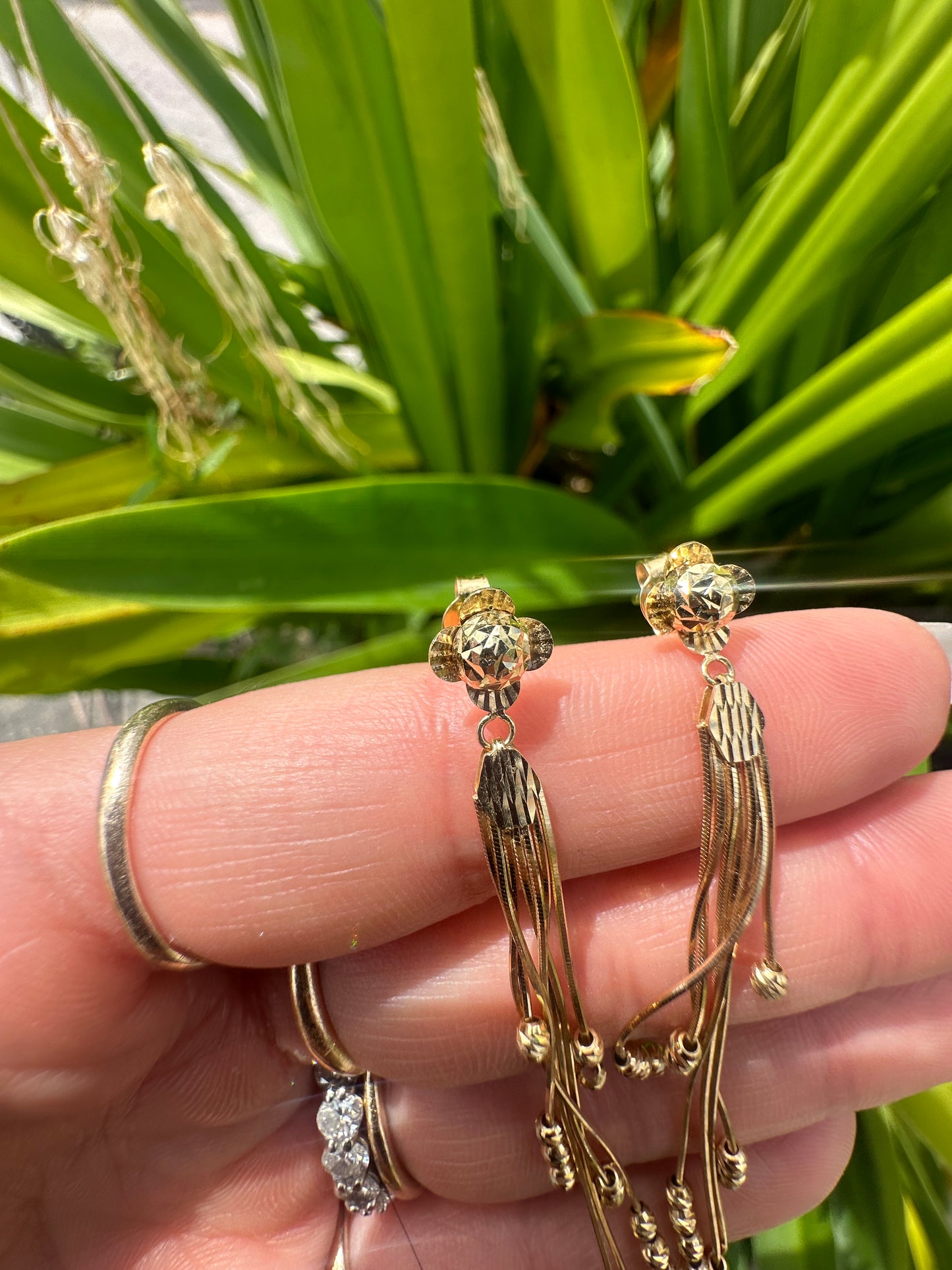 18K Yellow Gold Flower Push Back Long Earrings