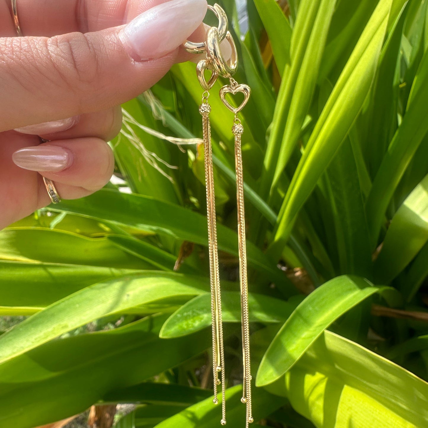 18K Yellow Gold Long Heart Dangle Hoop Earrings