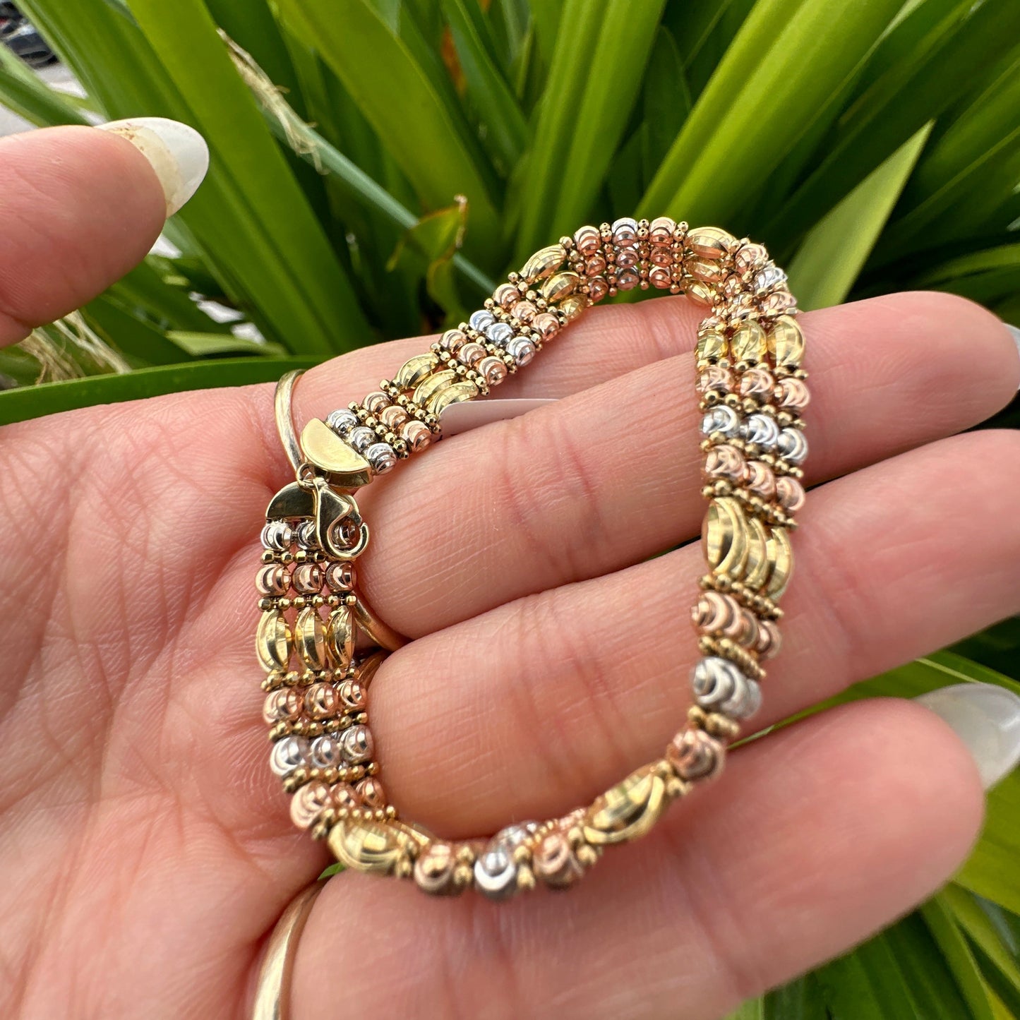 18K 3-Tone 3 Row Diamond Cut Beaded Bracelet